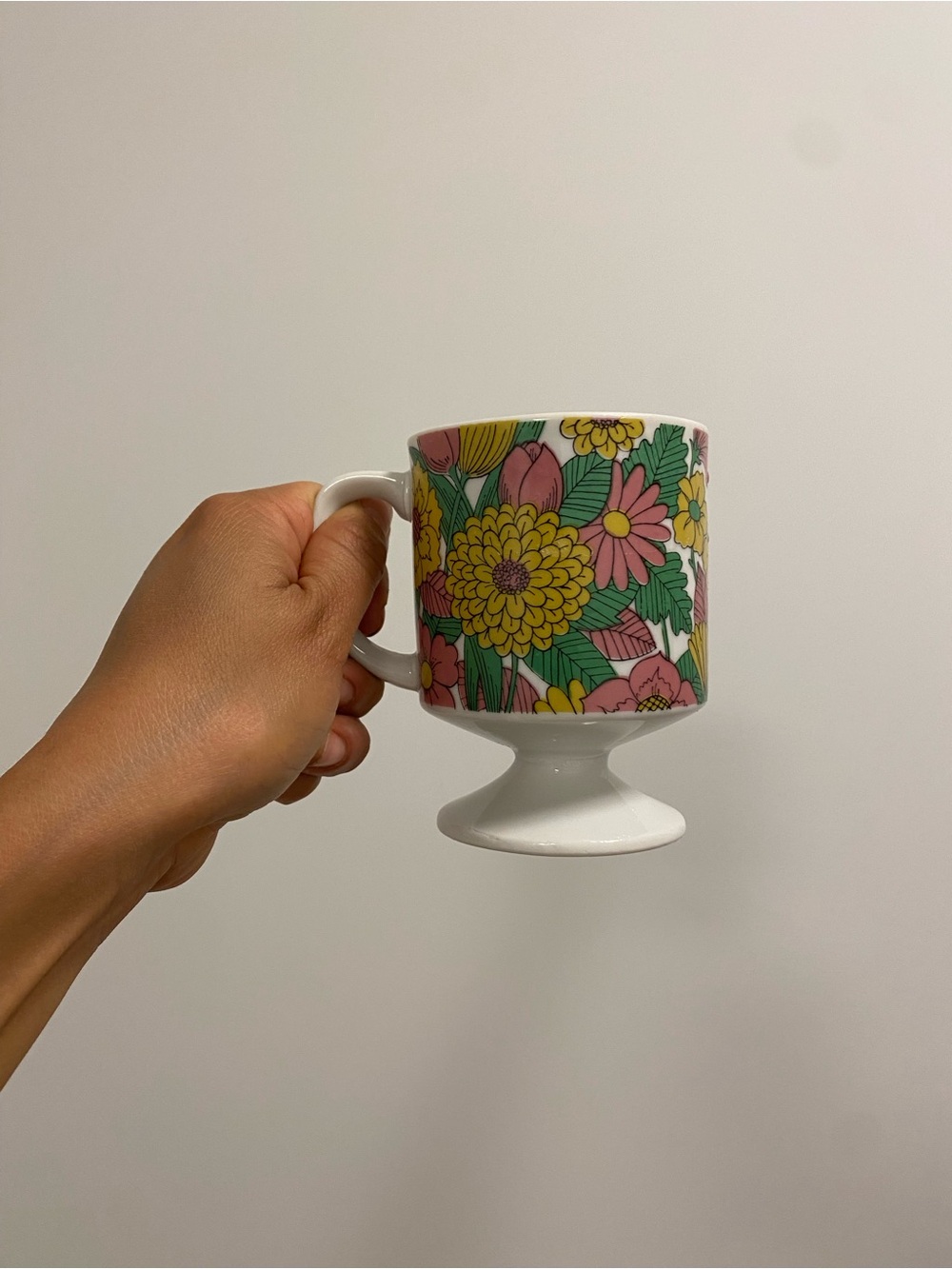 Vintage - Japan - Floral Pedestal Mug with Pink, Yellow & Green Pattern